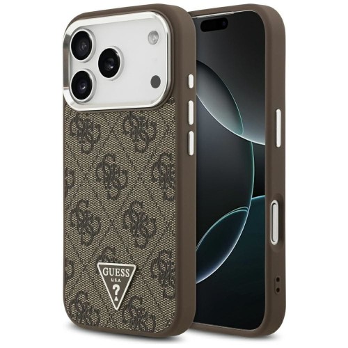 Etui Guess iPhone 17 Pro 4G Triangle Logo Brązowe - Pokrowiec MagSafe Srebrne Detale
