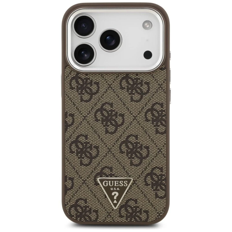 Etui Guess iPhone 17 Pro 4G Triangle Logo Brązowe - Pokrowiec MagSafe Srebrne Detale