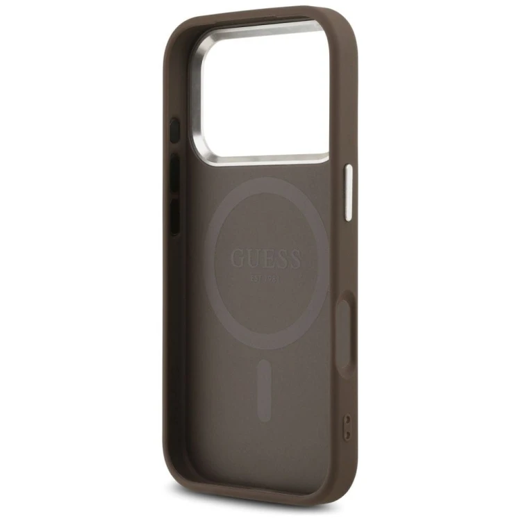Etui Guess iPhone 17 Pro 4G Triangle Logo Brązowe - Pokrowiec MagSafe Srebrne Detale