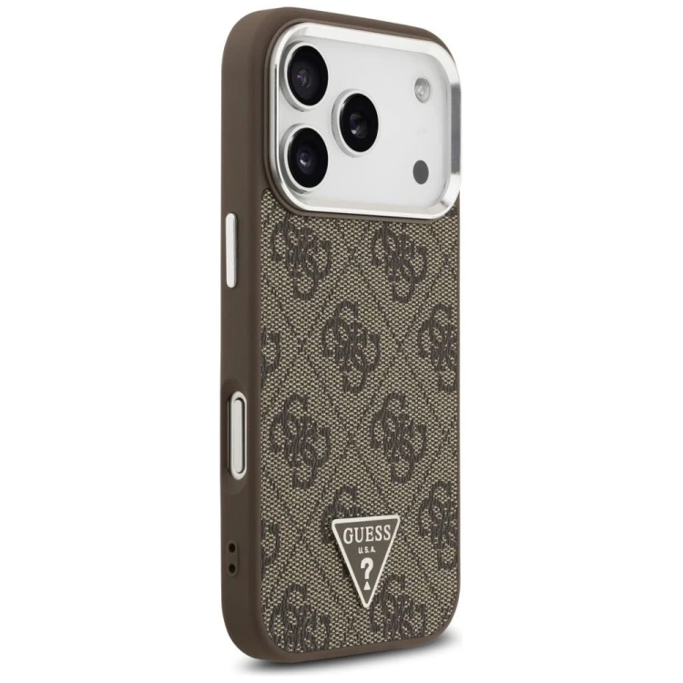Etui Guess iPhone 17 Pro 4G Triangle Logo Brązowe - Pokrowiec MagSafe Srebrne Detale