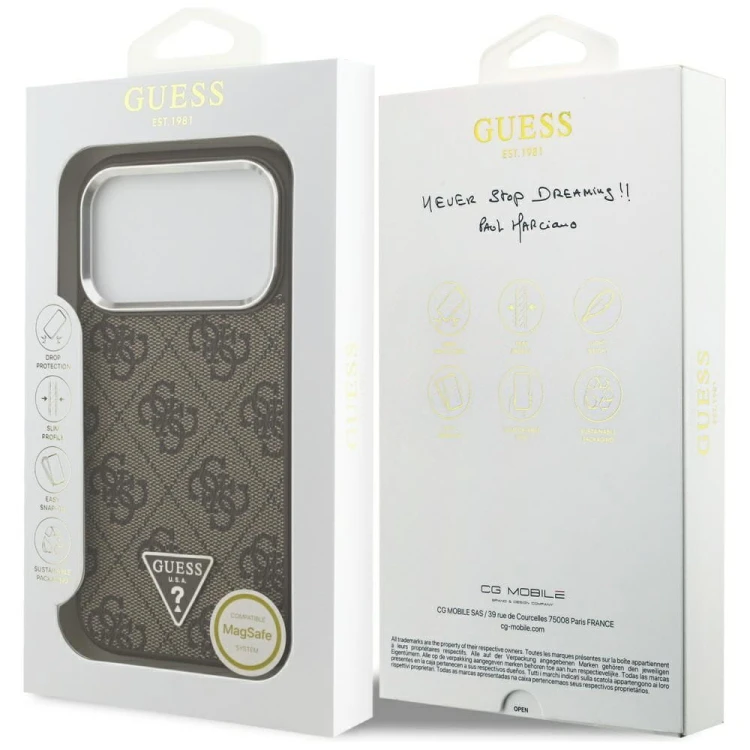 Etui Guess iPhone 17 Pro 4G Triangle Logo Brązowe - Pokrowiec MagSafe Srebrne Detale