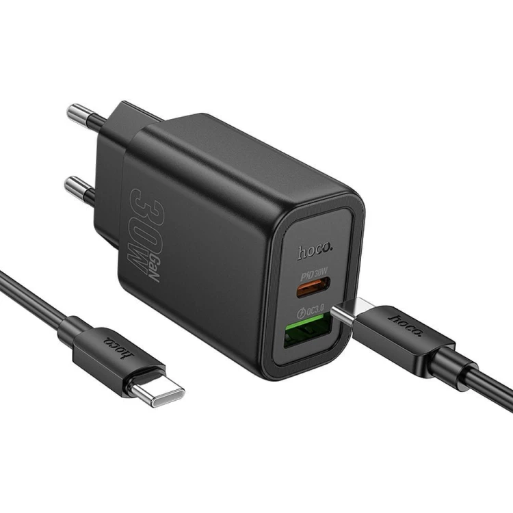 Szybka ładowarka sieciowa Hoco N63 30W (USB-C Power Delivery + USB-A Quick Charge) + kabel USB-C do USB-C 60W 1m – czarna
