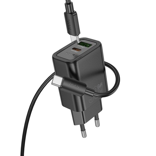 Szybka ładowarka sieciowa Hoco N63 30W (USB-C Power Delivery + USB-A Quick Charge) + kabel USB-C do USB-C 60W 1m – czarna
