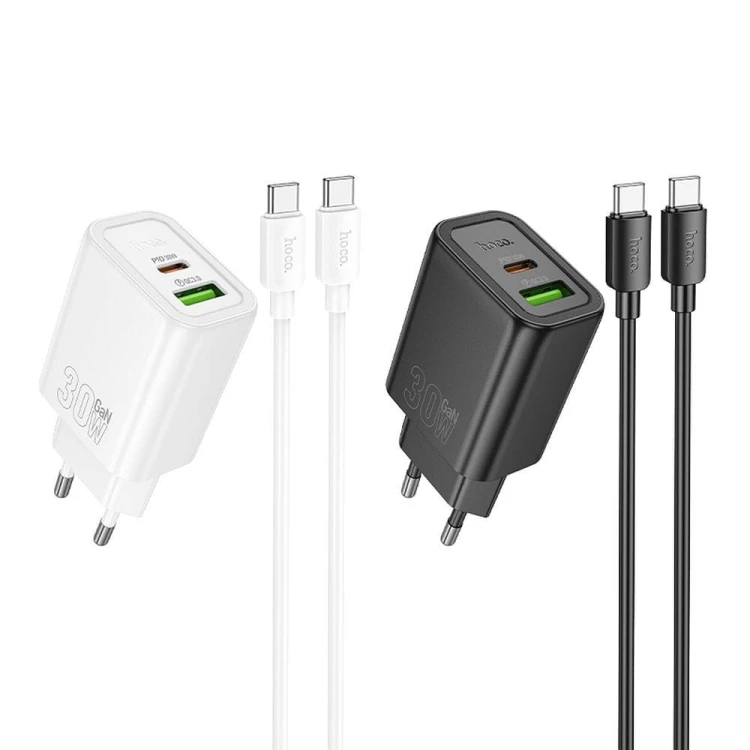 Szybka ładowarka sieciowa Hoco N63 30W (USB-C Power Delivery + USB-A Quick Charge) + kabel USB-C do USB-C 60W 1m – czarna