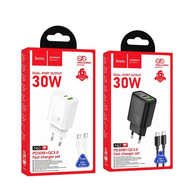 Szybka ładowarka sieciowa Hoco N63 30W (USB-C Power Delivery + USB-A Quick Charge) + kabel USB-C do USB-C 60W 1m – czarna