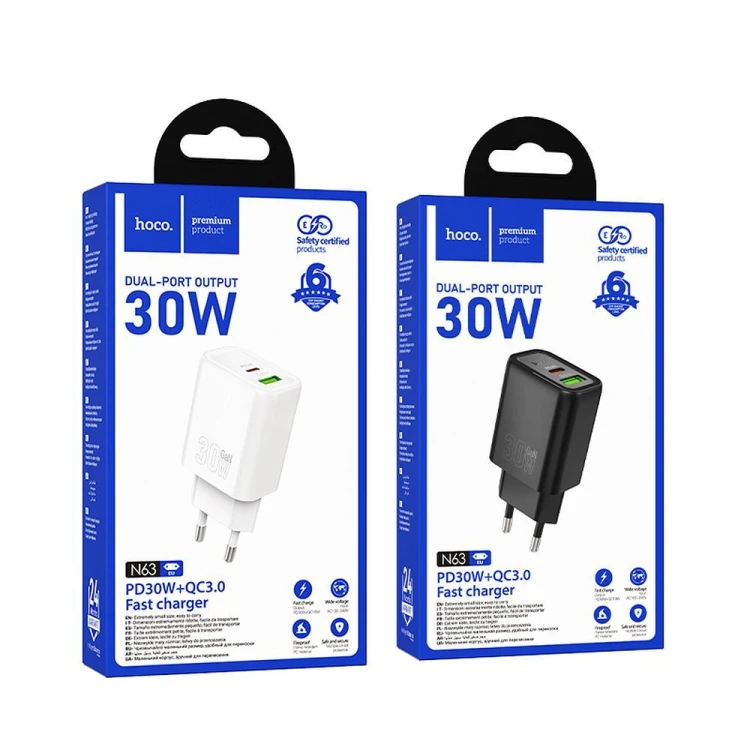 Szybka ładowarka sieciowa Hoco N63 30W (USB-C Power Delivery + USB-A Quick Charge) – czarna