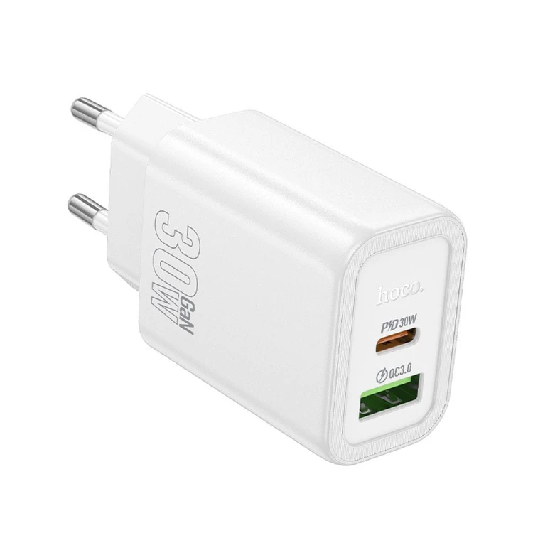 Szybka ładowarka sieciowa Hoco N63 30W (USB-C Power Delivery + USB-A Quick Charge) – biała