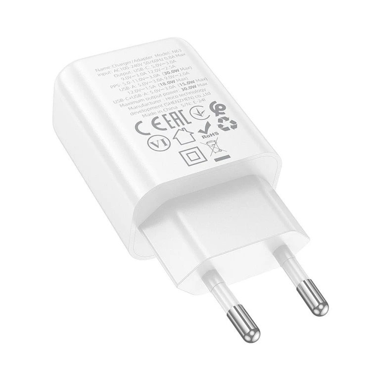 Szybka ładowarka sieciowa Hoco N63 30W (USB-C Power Delivery + USB-A Quick Charge) – biała