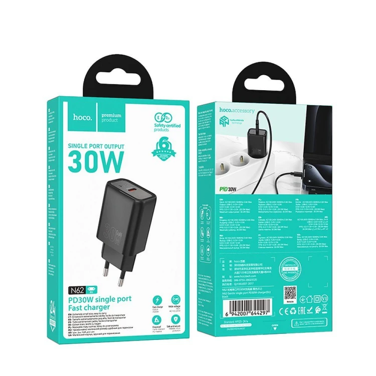 Szybka ładowarka sieciowa Hoco N62 USB-C Power Delivery 30W – czarna
