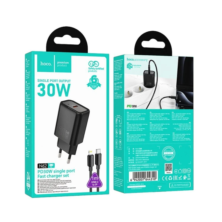 Szybka ładowarka sieciowa Hoco N62 USB-C Power Delivery 30W + kabel Lightning 1m – czarna