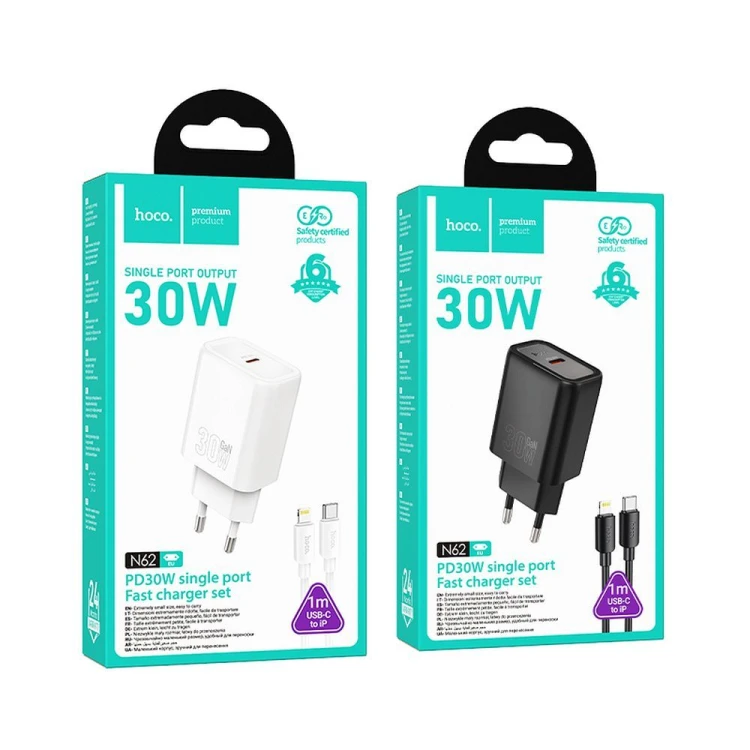 Szybka ładowarka sieciowa Hoco N62 USB-C Power Delivery 30W + kabel Lightning 1m – czarna