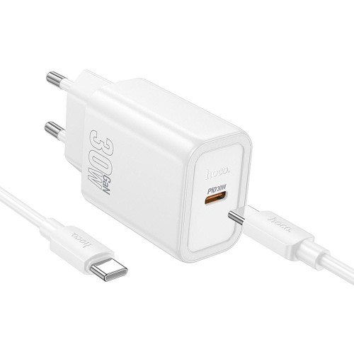 Szybka ładowarka sieciowa Hoco N62 USB-C Power Delivery 30W + kabel USB-C do USB-C 60W 1m – biała