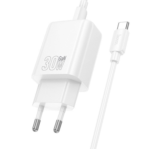 Szybka ładowarka sieciowa Hoco N62 USB-C Power Delivery 30W + kabel USB-C do USB-C 60W 1m – biała
