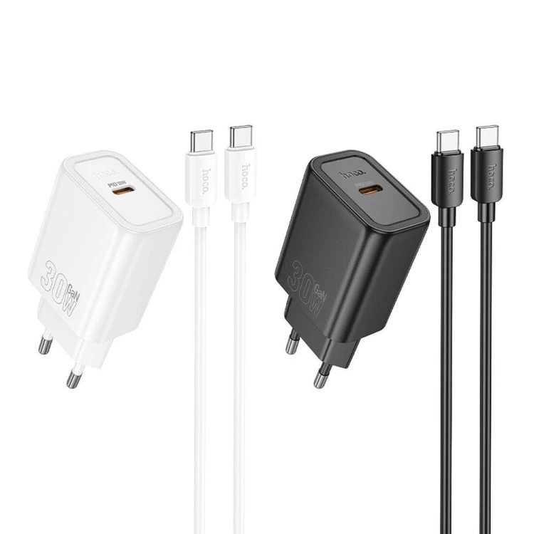 Szybka ładowarka sieciowa Hoco N62 USB-C Power Delivery 30W + kabel USB-C do USB-C 60W 1m – biała