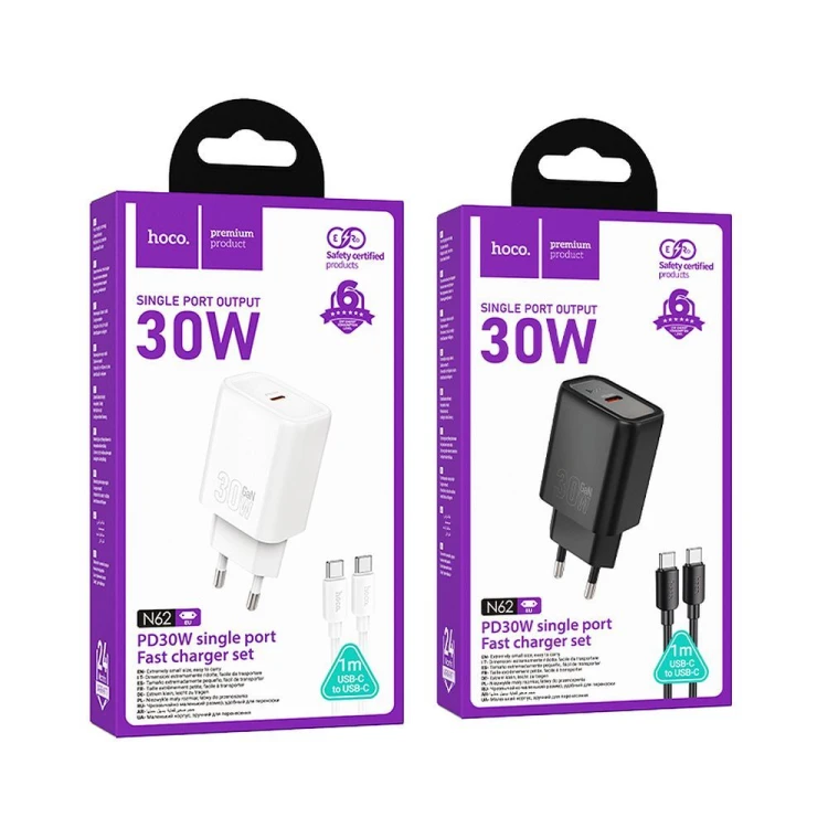 Szybka ładowarka sieciowa Hoco N62 USB-C Power Delivery 30W + kabel USB-C do USB-C 60W 1m – biała