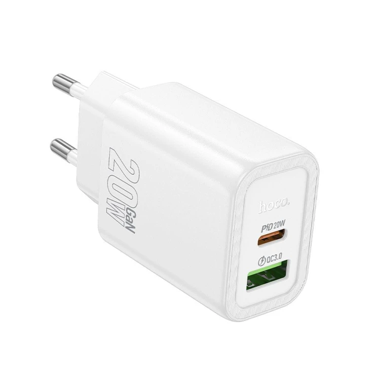 Szybka ładowarka sieciowa Hoco N61 20W (USB-C Power Delivery + USB-A Quick Charge) – biała