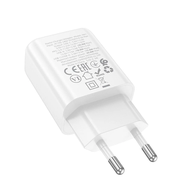 Szybka ładowarka sieciowa Hoco N61 20W (USB-C Power Delivery + USB-A Quick Charge) – biała