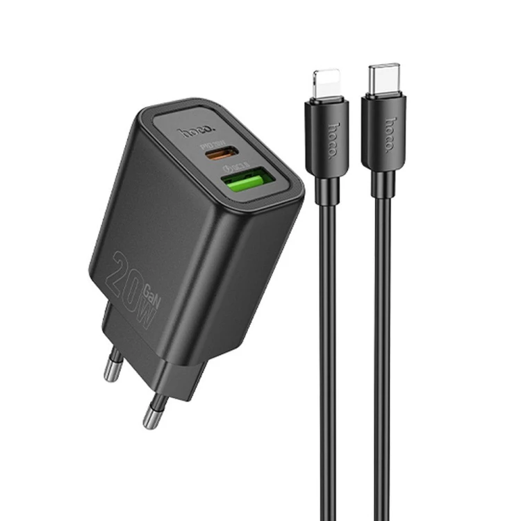 Szybka ładowarka sieciowa Hoco N61 20W (USB-C Power Delivery + USB-A Quick Charge) + kabel Lightning 1m – czarna
