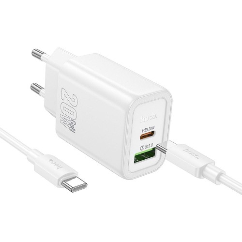 Szybka ładowarka sieciowa Hoco N61 20W (USB-C Power Delivery + USB-A Quick Charge) + kabel USB-C do USB-C 60W 1m – biała