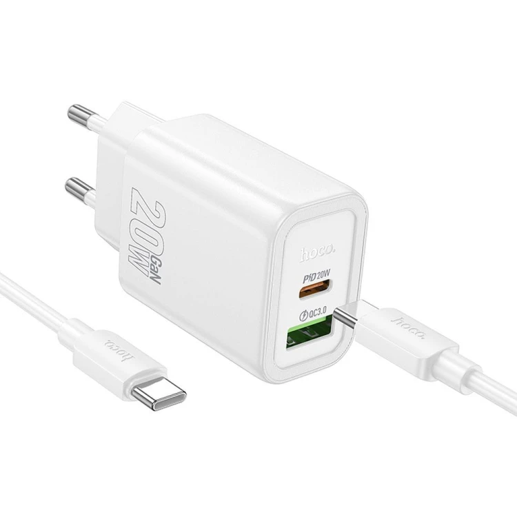 Szybka ładowarka sieciowa Hoco N61 20W (USB-C Power Delivery + USB-A Quick Charge) + kabel USB-C do USB-C 60W 1m – biała