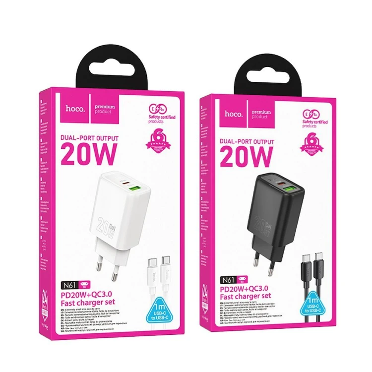Szybka ładowarka sieciowa Hoco N61 20W (USB-C Power Delivery + USB-A Quick Charge) + kabel USB-C do USB-C 60W 1m – biała
