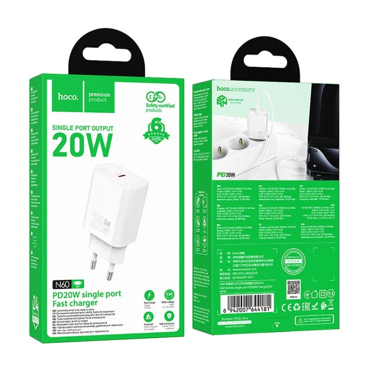 Szybka ładowarka sieciowa Hoco N60 USB-C Power Delivery 20W – biała