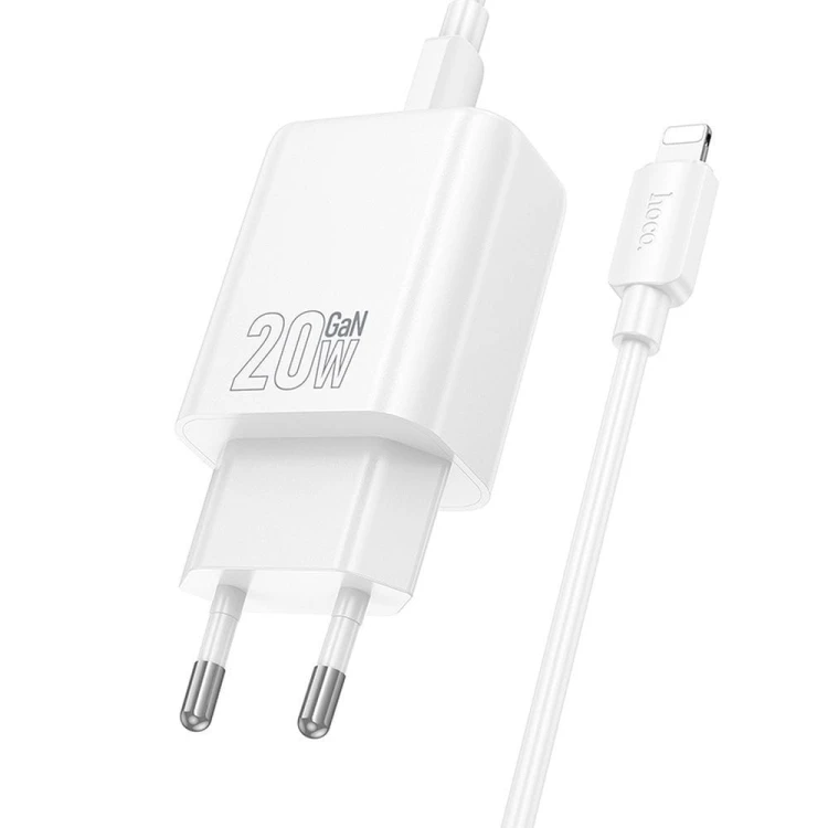 Szybka ładowarka sieciowa Hoco N61 20W (USB-C Power Delivery + USB-A Quick Charge) + kabel Lightning 1m – biała