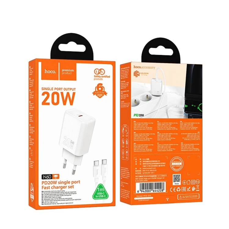 Szybka ładowarka sieciowa Hoco N60 USB-C Power Delivery 20W + kabel USB-C do Lightning 1m – biała