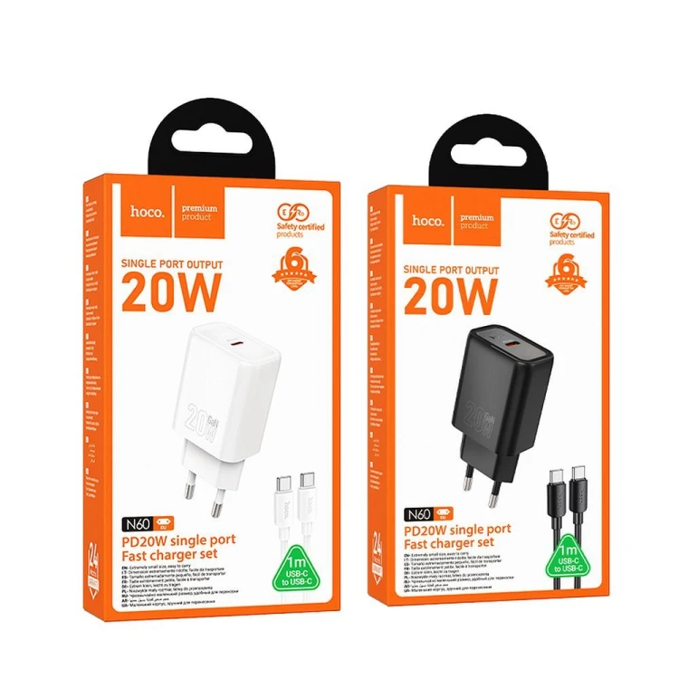Szybka ładowarka sieciowa Hoco N60 USB-C Power Delivery 20W + kabel USB-C do Lightning 1m – biała