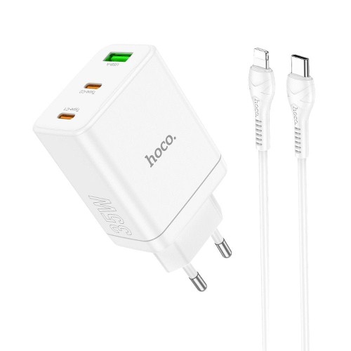 Szybka ładowarka sieciowa Hoco N33 35W (2xUSB-C + USB-A) + kabel USB-C do Lightning 1m – biała