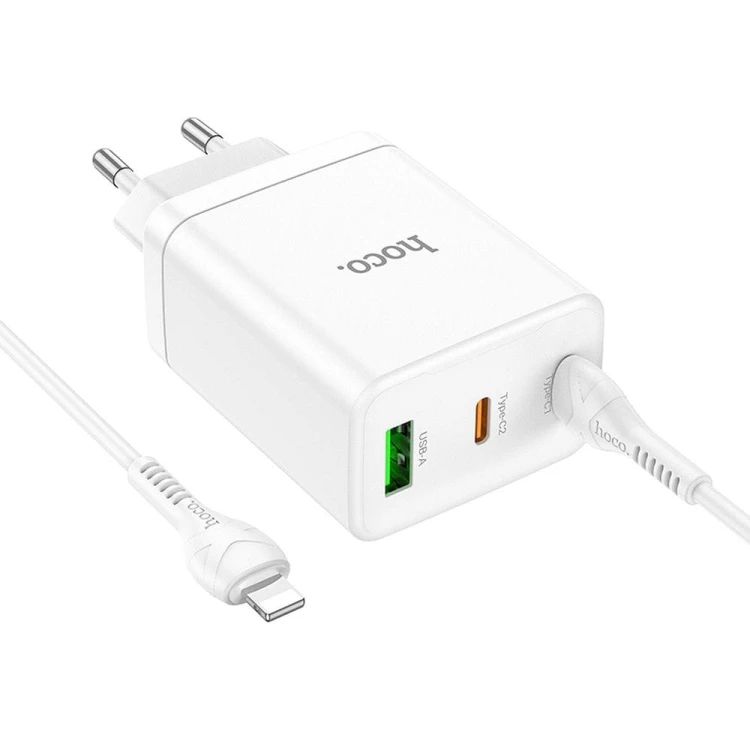 Szybka ładowarka sieciowa Hoco N33 35W (2xUSB-C + USB-A) + kabel USB-C do Lightning 1m – biała