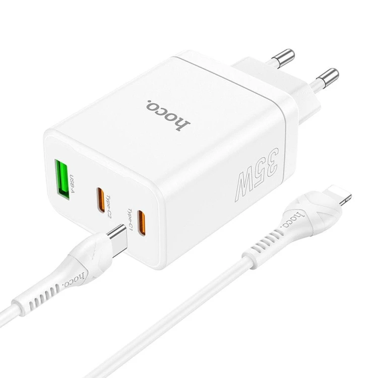 Szybka ładowarka sieciowa Hoco N33 35W (2xUSB-C + USB-A) + kabel USB-C do Lightning 1m – biała