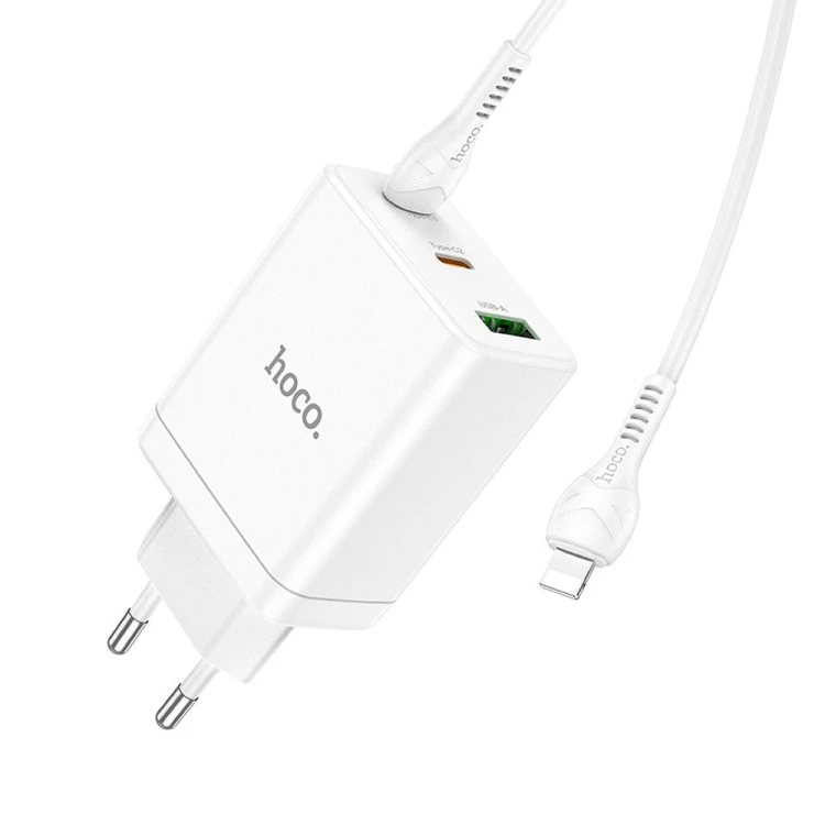 Szybka ładowarka sieciowa Hoco N33 35W (2xUSB-C + USB-A) + kabel USB-C do Lightning 1m – biała