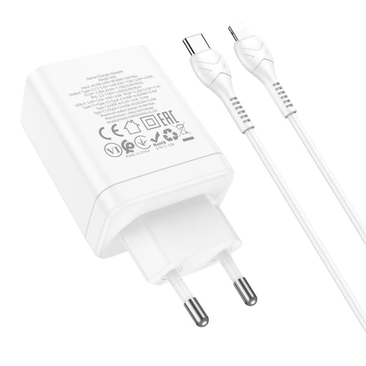 Szybka ładowarka sieciowa Hoco N33 35W (2xUSB-C + USB-A) + kabel USB-C do Lightning 1m – biała