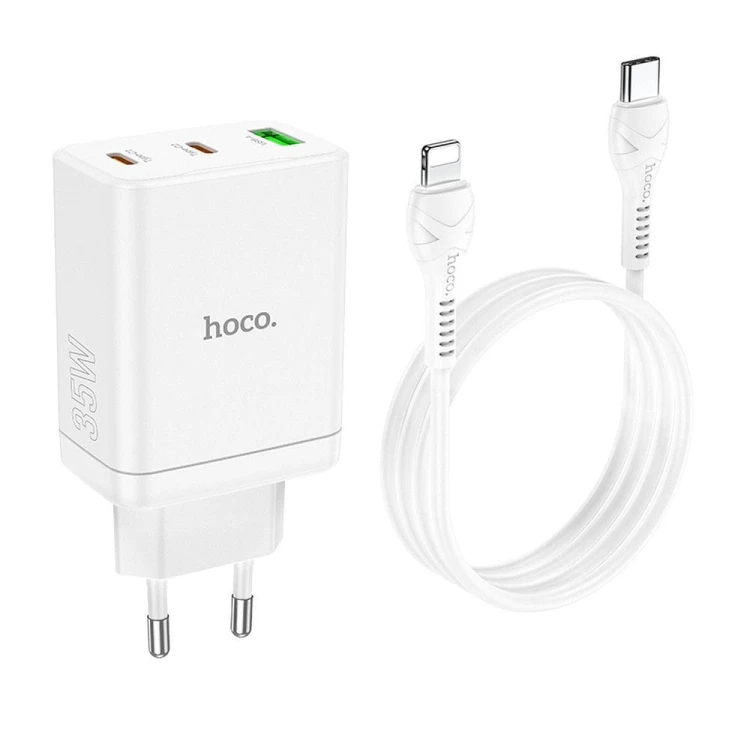 Szybka ładowarka sieciowa Hoco N33 35W (2xUSB-C + USB-A) + kabel USB-C do Lightning 1m – biała