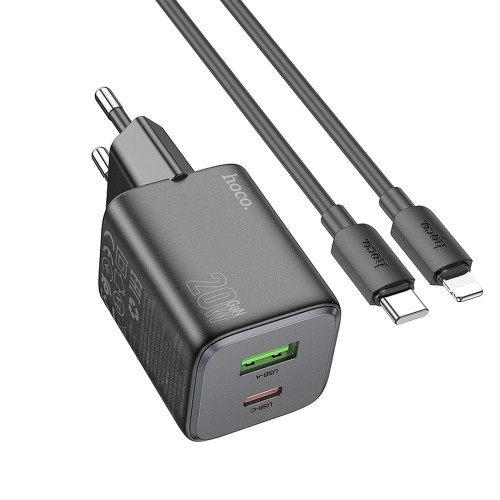 Szybka ładowarka sieciowa GaN Hoco N41 20W (USB-C Power Delivery + USB-A Quick Charge) + kabel Lightning 1m – czarna