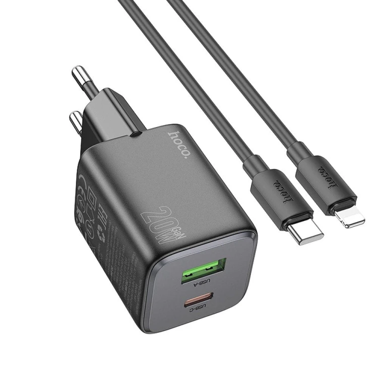 Szybka ładowarka sieciowa GaN Hoco N41 20W (USB-C Power Delivery + USB-A Quick Charge) + kabel Lightning 1m – czarna