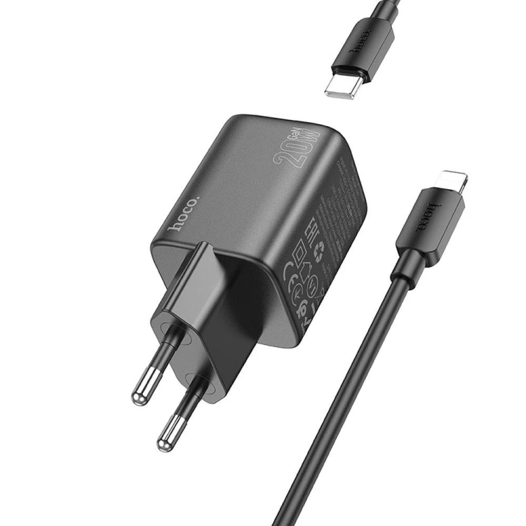 Szybka ładowarka sieciowa GaN Hoco N41 20W (USB-C Power Delivery + USB-A Quick Charge) + kabel Lightning 1m – czarna