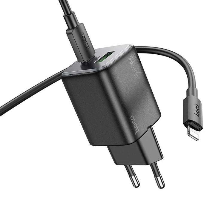 Szybka ładowarka sieciowa GaN Hoco N41 20W (USB-C Power Delivery + USB-A Quick Charge) + kabel Lightning 1m – czarna