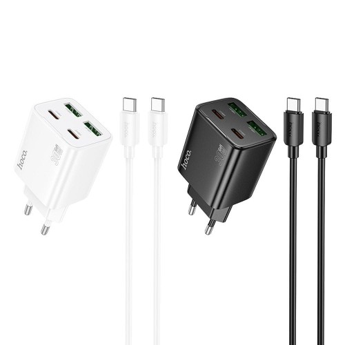 Multifunkcyjna ładowarka sieciowa Hoco N56 30W (2xUSB-C + 2xUSB-A) + kabel USB-C do USB-C 1m – biała