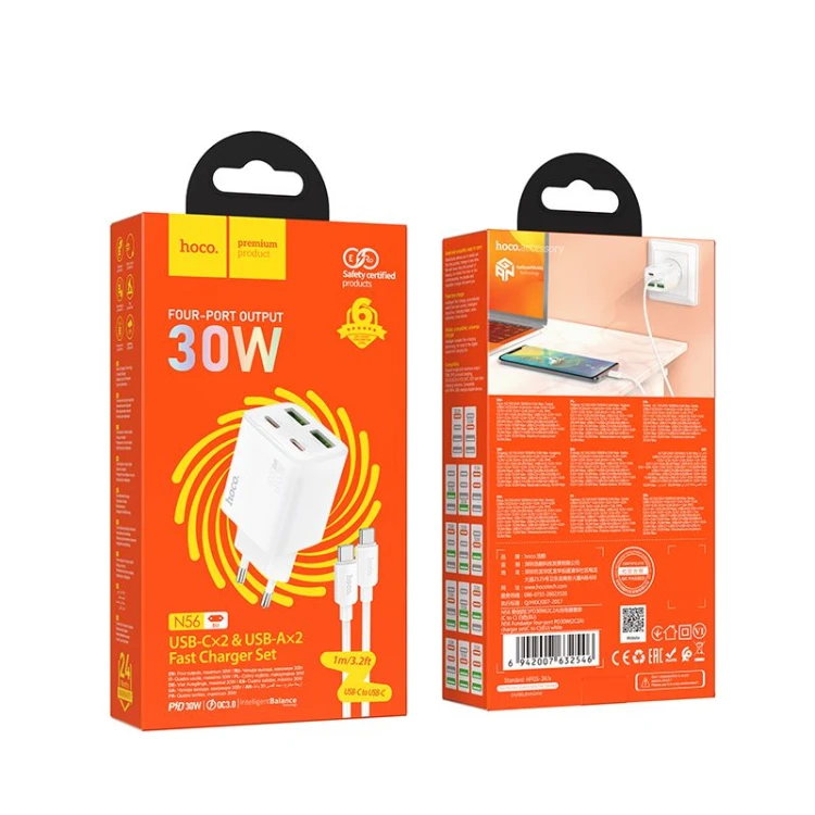 Multifunkcyjna ładowarka sieciowa Hoco N56 30W (2xUSB-C + 2xUSB-A) + kabel USB-C do USB-C 1m – biała