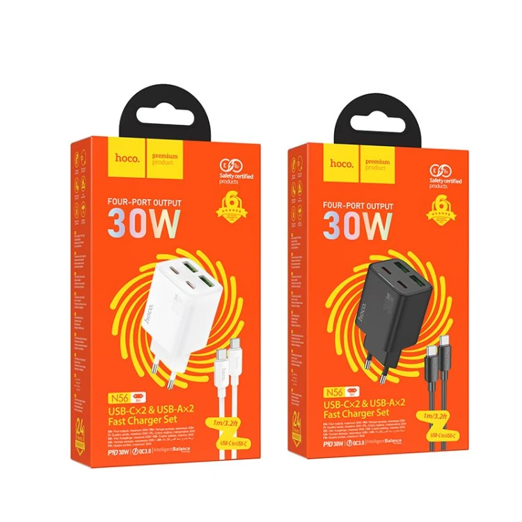 Multifunkcyjna ładowarka sieciowa Hoco N56 30W (2xUSB-C + 2xUSB-A) + kabel USB-C do USB-C 1m – biała