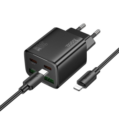 Multifunkcyjna ładowarka sieciowa Hoco N56 30W (2xUSB-C + 2xUSB-A) + kabel Lightning 1m – czarna
