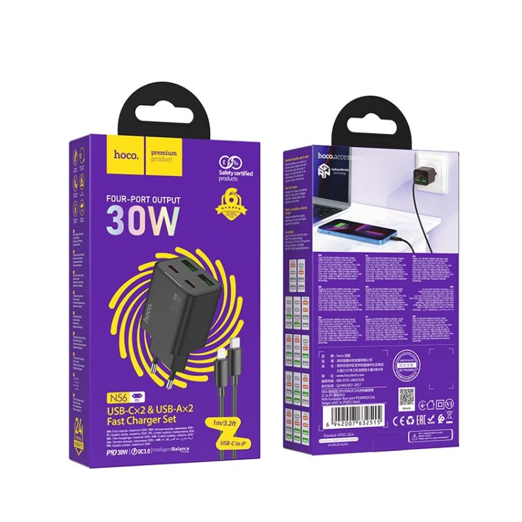 Multifunkcyjna ładowarka sieciowa Hoco N56 30W (2xUSB-C + 2xUSB-A) + kabel Lightning 1m – czarna
