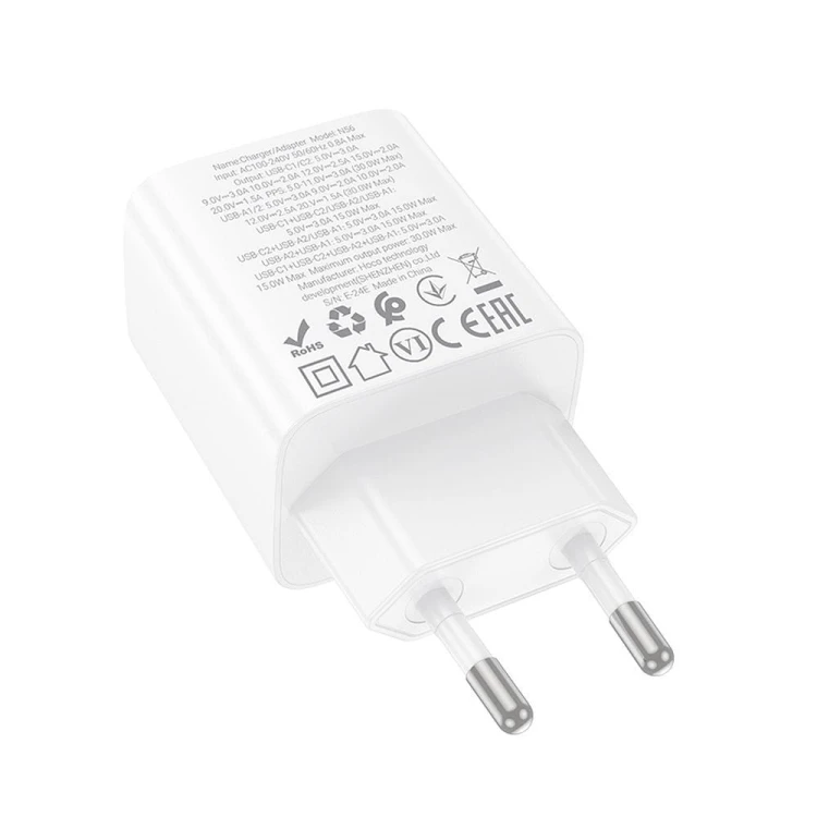 Multifunkcyjna ładowarka sieciowa Hoco N56 30W (2xUSB-C + 2xUSB-A) – biała