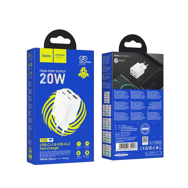 Multifunkcyjna ładowarka sieciowa Hoco N56 30W (2xUSB-C + 2xUSB-A) – biała