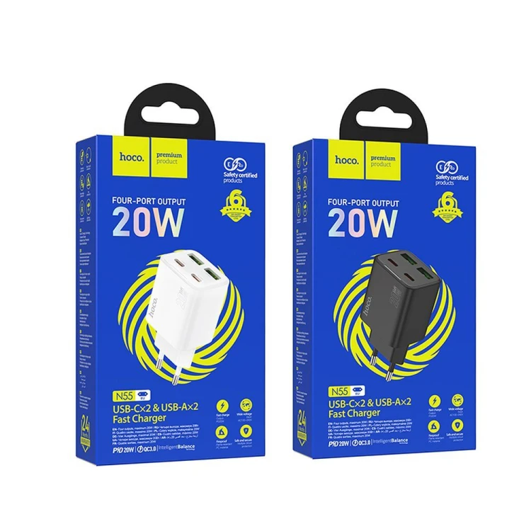 Multifunkcyjna ładowarka sieciowa Hoco N55 20W (2xUSB-C + 2xUSB-A) – czarna