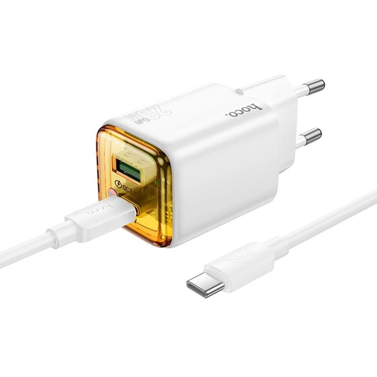 Szybka ładowarka sieciowa Hoco N52 20W (USB-C Power Delivery + USB-A Quick Charge) + kabel USB-C do USB-C 1m – biała