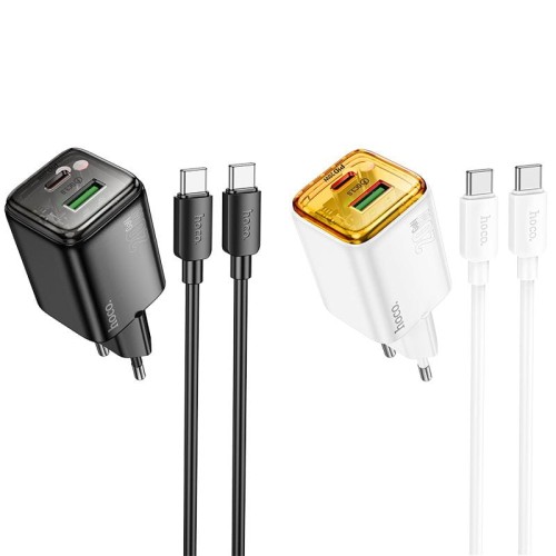 Szybka ładowarka sieciowa Hoco N52 20W (USB-C Power Delivery + USB-A Quick Charge) + kabel USB-C do USB-C 1m – biała
