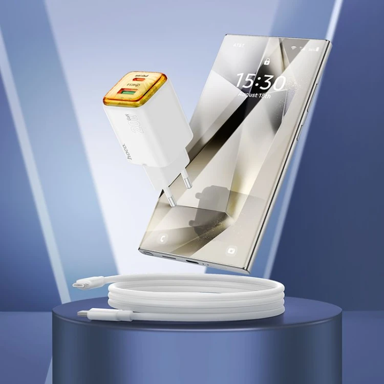 Szybka ładowarka sieciowa Hoco N52 20W (USB-C Power Delivery + USB-A Quick Charge) + kabel USB-C do USB-C 1m – biała